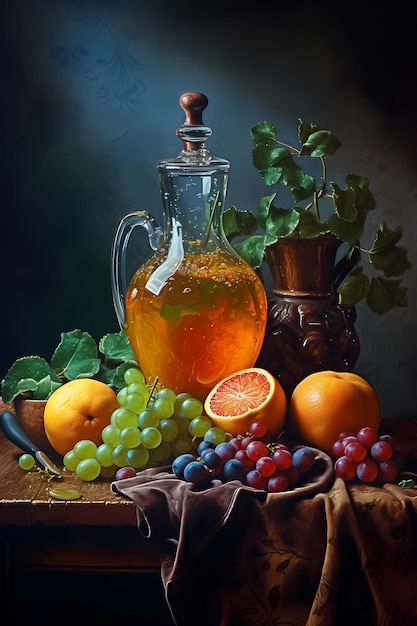 Une peinture nature morte de raisins raisins et une cruche de jus