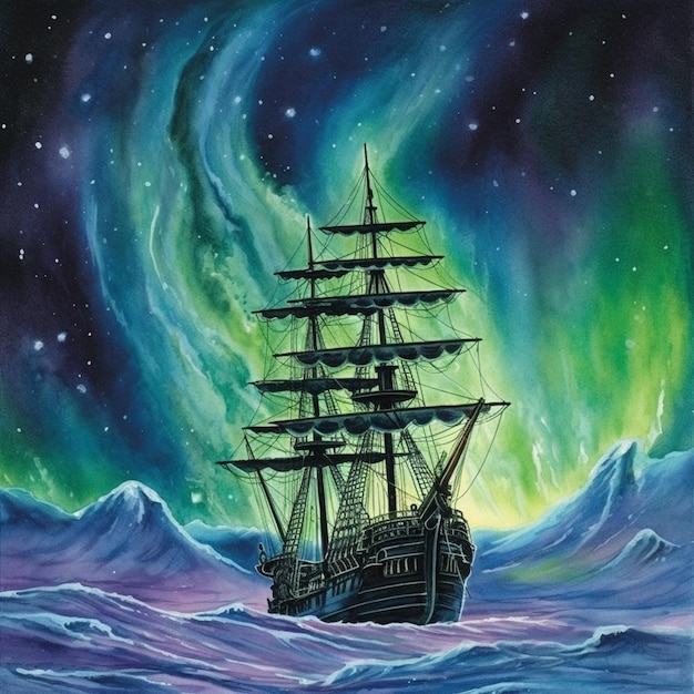Peinture d'un navire dans l'océan avec des aurores dans le ciel ai générative