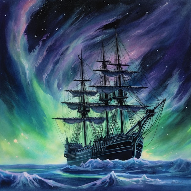 Peinture d'un navire dans l'océan avec un ciel vert vif ai génératif