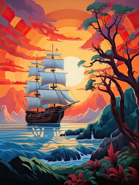 Photo une peinture d'un navire naviguant dans l'océan