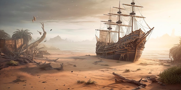Une peinture d'un navire et un navire sur la plage