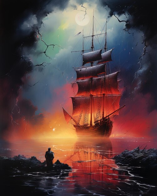 une peinture d'un navire avec une pleine lune en arrière-plan