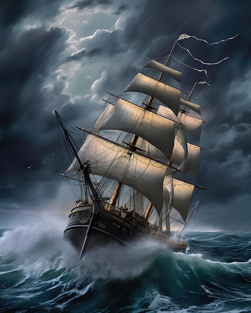 Une peinture d'un navire avec des voiles au vent