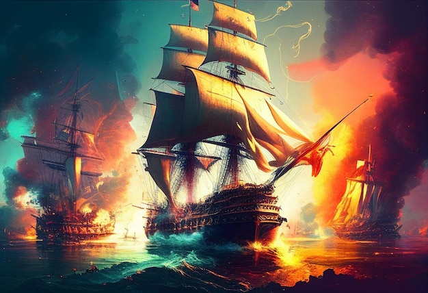 Une peinture d'un navire avec des voiles peintes en flammes