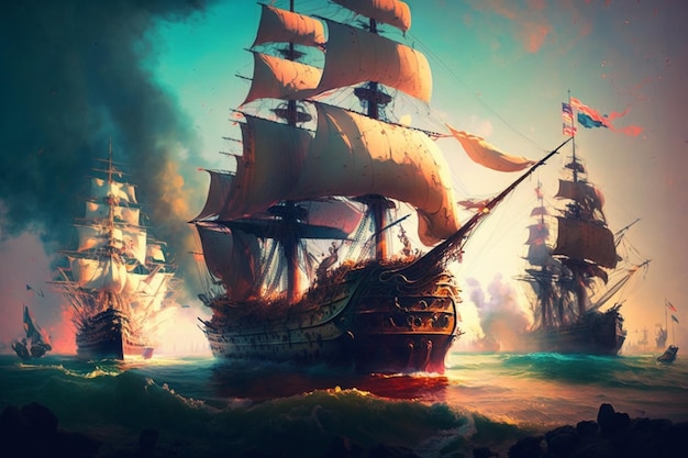 Une peinture d'un navire avec les voiles relevées et le mot pirate en bas.