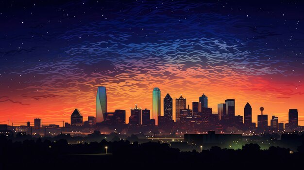 Peinture nocturne de l'horizon de la ville paysage urbain éclairé