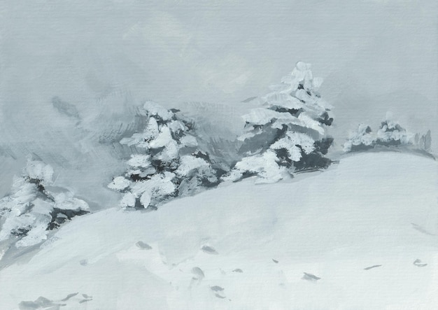 Peinture noire et blanche d'arbres enneigés. Dessin à la gouache d'un paysage d'hiver.