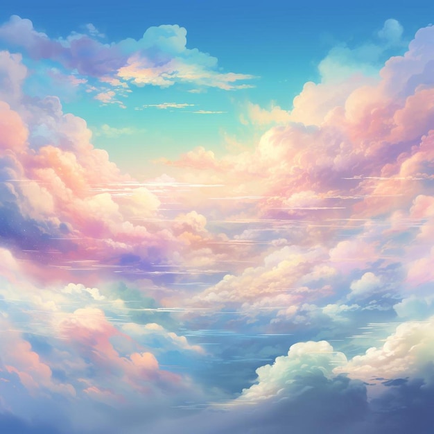 une peinture de nuages et du ciel avec le soleil qui brille à travers les nuages.