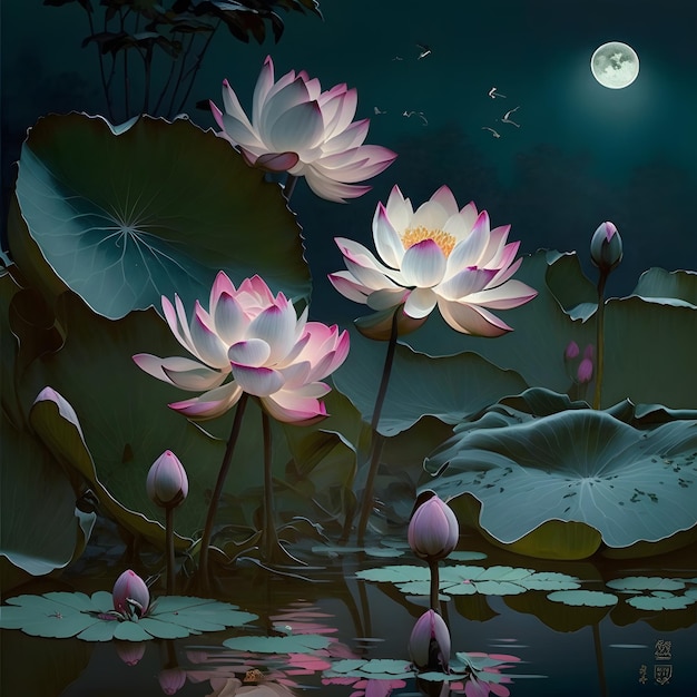 Une peinture d'une nuit au clair de lune avec des nénuphars et une fleur de lotus.