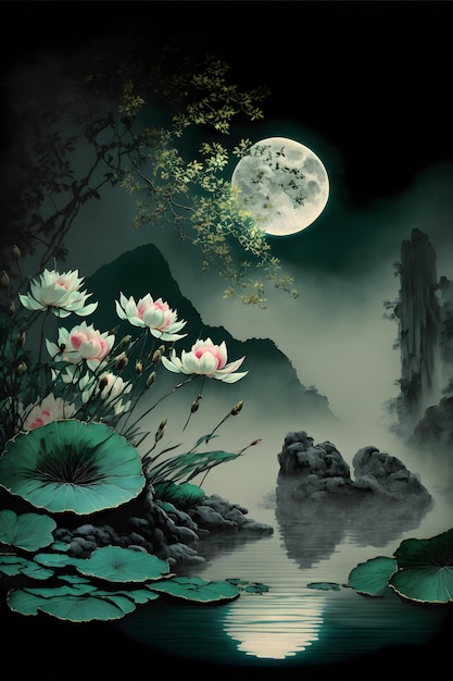 Une peinture d'une nuit au clair de lune avec des nénuphars et une lune verte.