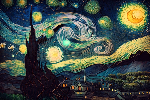 Une peinture d'une nuit étoilée avec le ciel étoilé au-dessus.