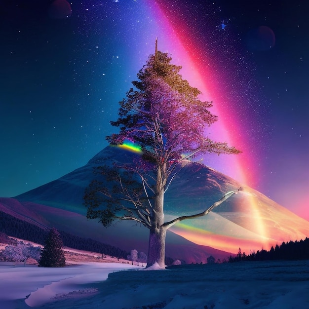 Une peinture numérique abstraite d'une montagne enneigée avec un arbre arc-en-ciel au premier plan.