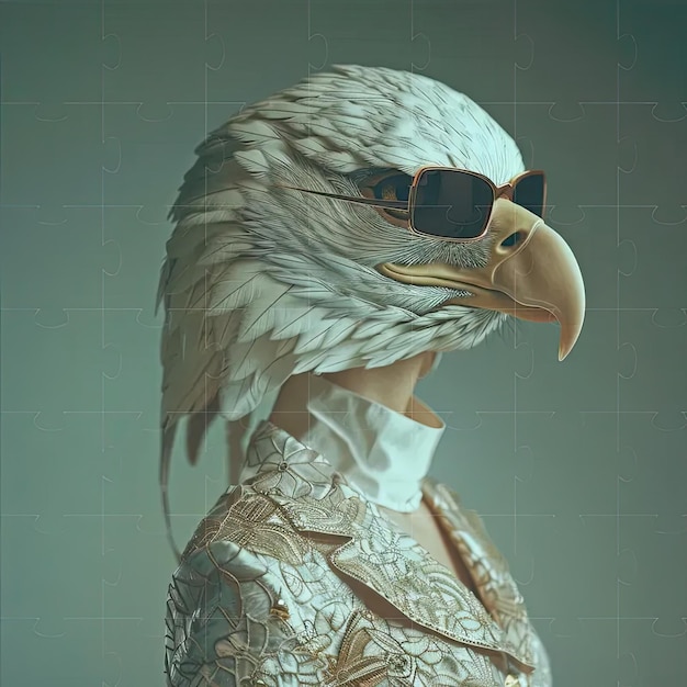 Une peinture numérique d'un aigle à tête blanche portant des lunettes de soleil