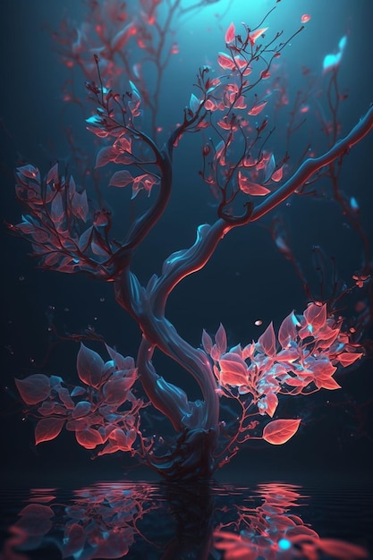 Une peinture numérique d'un arbre à fleurs roses.