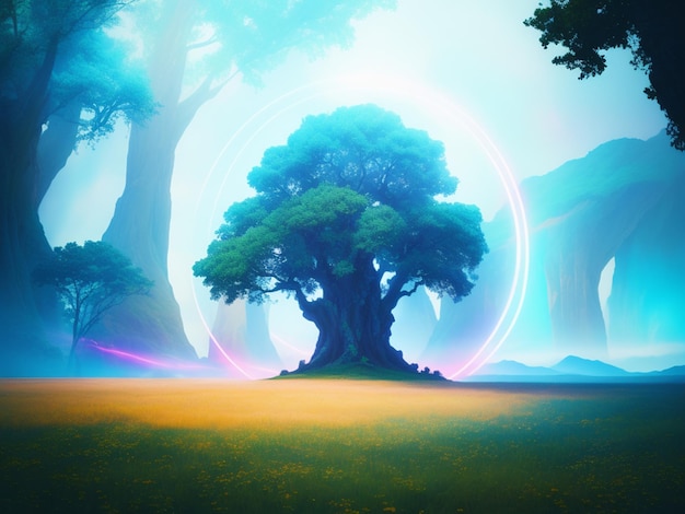 Une peinture numérique d'un arbre avec un grand cercle de lumière au milieu.