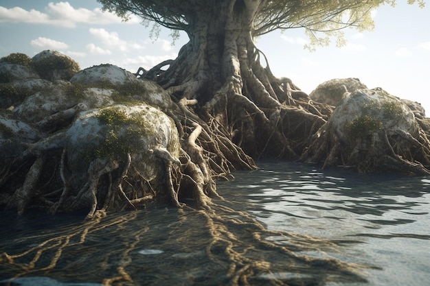 Une peinture numérique d'un arbre avec des racines dans l'eau