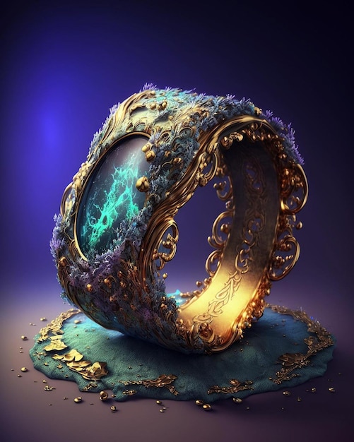 Une peinture numérique d'une bague avec de l'or et de l'or dessus.