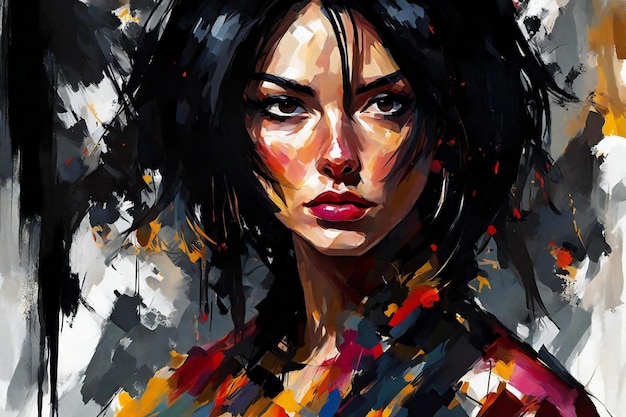 Peinture numérique d'une belle femme aux cheveux noirs et au maquillage brillant