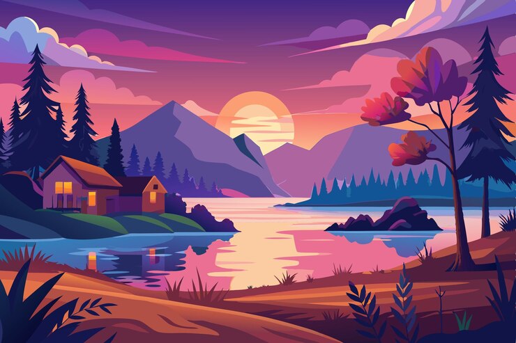Photo une peinture numérique d'une cabane au bord du lac au coucher du soleil