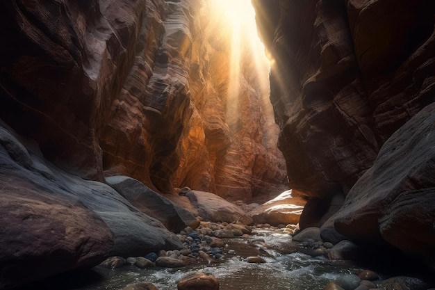 Une peinture numérique d'un canyon avec le soleil qui brille à travers les rochers