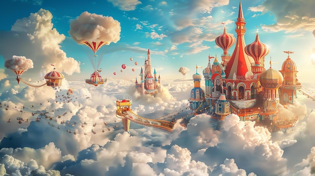 Peinture numérique capricieuse d'un monde fantastique avec un château dans les nuages