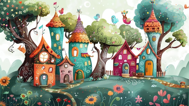 Une peinture numérique capricieuse d'un village de fées Le village est composé de petites maisons aux couleurs vives qui sont nichées parmi les arbres