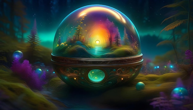 Une peinture numérique d'une capsule temporelle bioluminescente brillante dans un monde fantastique