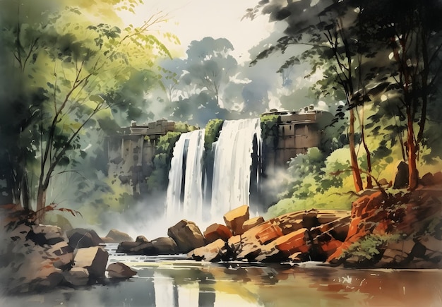 Une peinture numérique d'une cascade avec une cascade en arrière-plan.