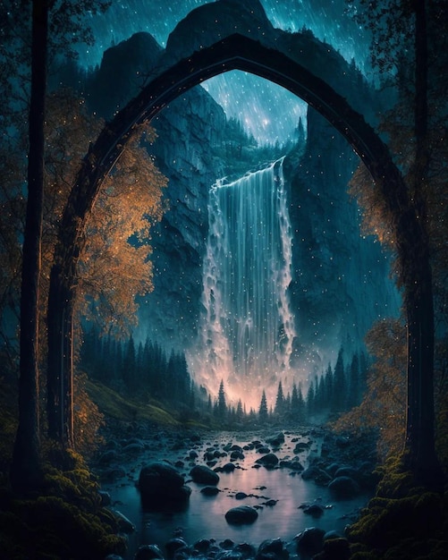 Une peinture numérique d'une cascade avec une cascade en arrière-plan.