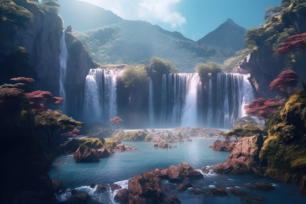 Une peinture numérique d'une cascade avec un ciel bleu et des montagnes en arrière-plan.