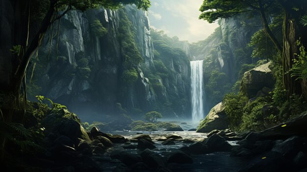 Photo peinture numérique d'une cascade forestière dans le style de raphael lacoste