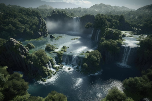 Une peinture numérique d'une cascade avec une forêt en arrière-plan.
