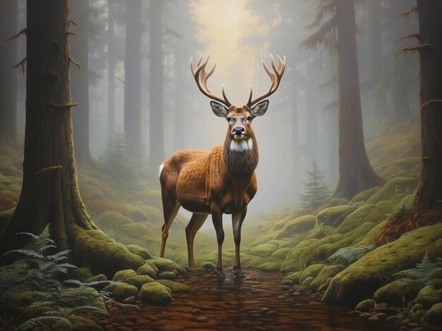 Peinture numérique d'un cerf rouge dans une forêt brumeuse