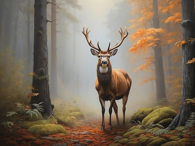 Peinture numérique d'un cerf rouge dans une forêt brumeuse