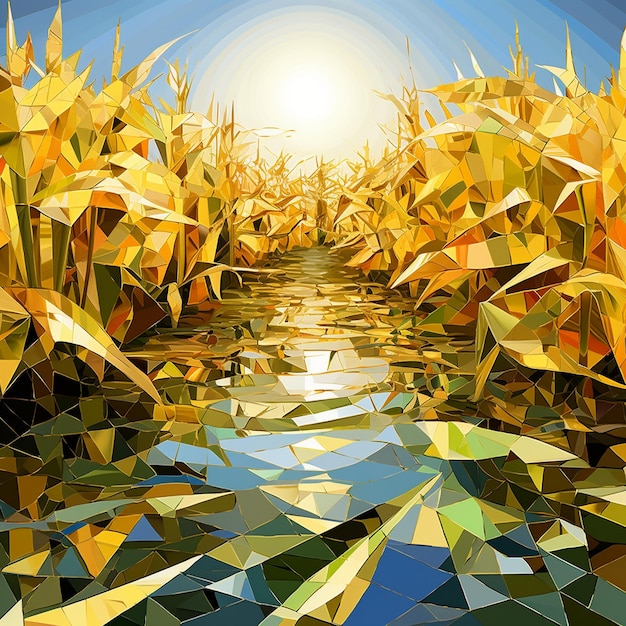 une peinture numérique d'un champ avec un reflet d'un soleil et une flaque d'eau.