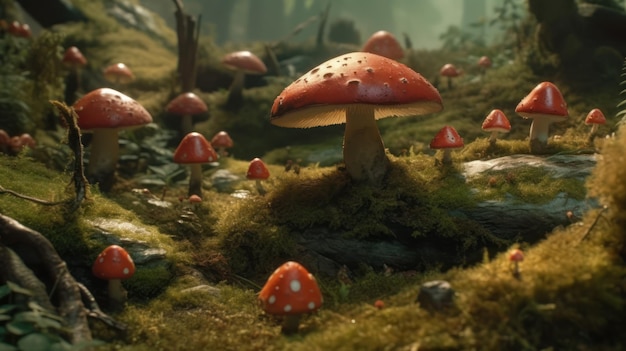 Une peinture numérique d'un champignon avec un bonnet rouge et une forêt verte en arrière-plan.
