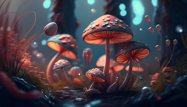 Une peinture numérique de champignons dans une forêt