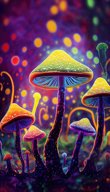 Une peinture numérique de champignons avec des lumières rougeoyantes