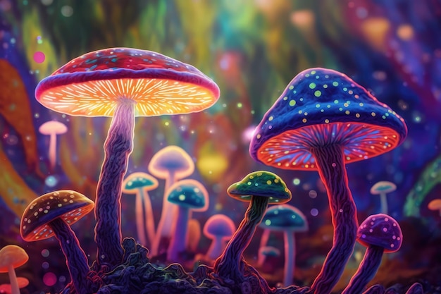 Une peinture numérique de champignons avec des lumières rougeoyantes