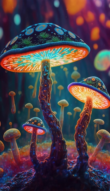 Une peinture numérique de champignons avec des lumières rougeoyantes