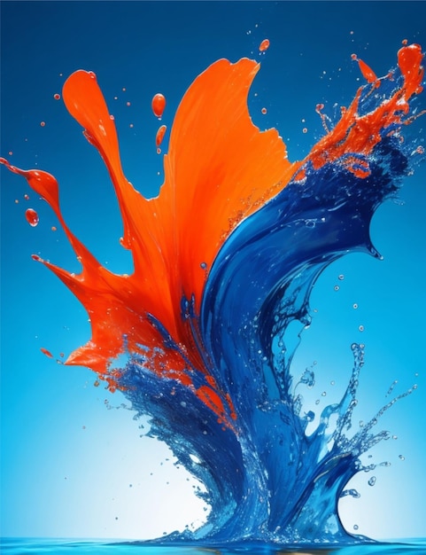 Une peinture numérique colorée éclaboussure d'eau bleue et orange avec un fond bleu