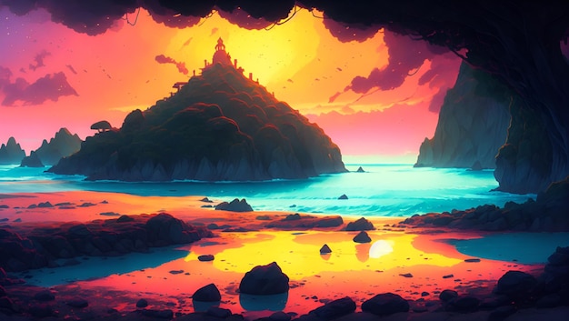 Une peinture numérique d'un coucher de soleil avec une île rocheuse au premier plan.