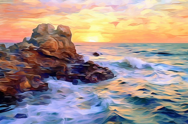 Peinture numérique d'un coucher de soleil sur l'océan avec des vagues se brisant sur les rochers.