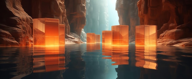 Une peinture numérique de cubes orange dans un plan d'eau.