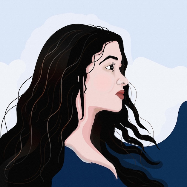 peinture numérique dessinée à la main d'une femme aux cheveux longs et à la robe bleue