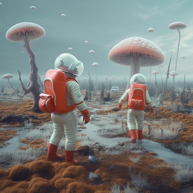 Une peinture numérique de deux astronautes marchant dans un champ avec des champignons au sol.