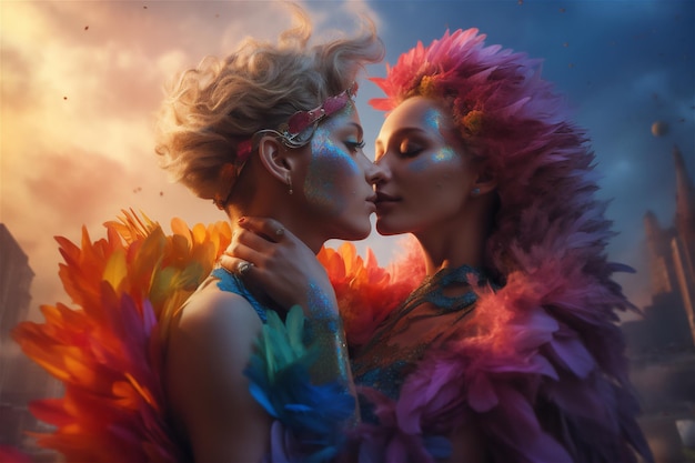 Une peinture numérique de deux femmes qui s'embrassent.
