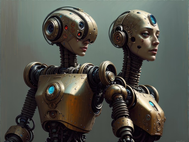 Une peinture numérique de deux robots avec le mot robot sur le devant.