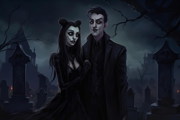 Peinture numérique de deux vampires gothiques dans un cimetière avec un château hanté en arrière-plan illustration fantastique AI générative