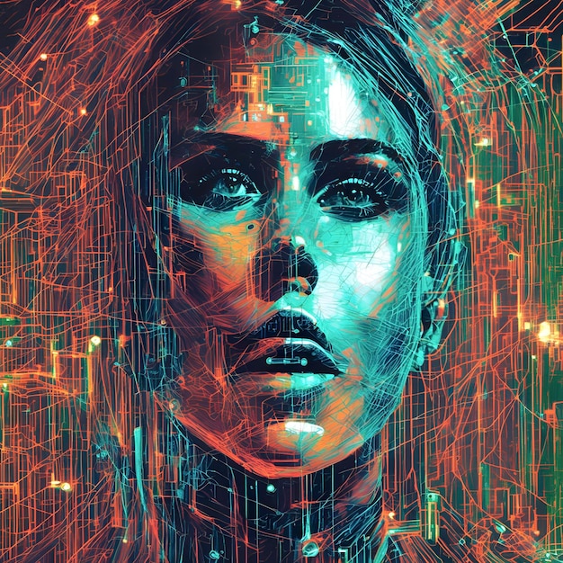 Une peinture numérique du visage d'une femme avec une image numérique du mot cyber dessus.